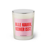 Duftkerze mit Spruch: Alle kauen, keiner isst. Farbe rosa und pink von Sassy Candle.