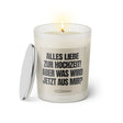 Duftkerze mit witzigen Spruch:  Alles Liebe zur Hochzeit! Aber was wird jetzt aus mir? Farbe beige und schwarz von Sassy Candle.
