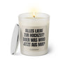 Duftkerze mit witzigen Spruch:  Alles Liebe zur Hochzeit! Aber was wird jetzt aus mir? Farbe beige und schwarz von Sassy Candle.
