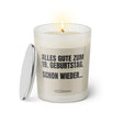  Duftkerze mit witzigem Spruch. Alles Gute zum 19. Geburtstag. Schon wieder. Farbe beige und schwarze Schrift. Kerzenglas mit silbernem Deckel von SassyCandle.