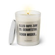 Duftkerze mit witzigem Spruch. Alles Gute zum 29. Geburtstag. Schon wieder. Farbe beige und schwarze Schrift. Kerzenglas mit silbernem Deckel von SassyCandle.