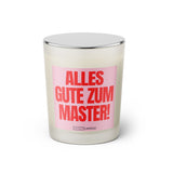 Duftkerze mit witzigen Spruch: Alles Gute zum Master! Farbe rosa und pink von Sassy Candle.