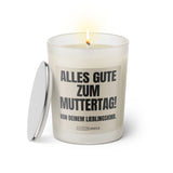 Duftkerze mit witzigem Spruch: Alles Gute zum Muttertag! Von deinem Lieblingskind. Farbe beige und schwarz mit silbernem Deckel von Sassy Candle.