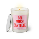 Duftkerze mit Spruch: Bei Wish bestellt. Farbe rosa und pink von Sassy Candle.