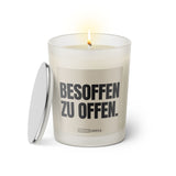 Duftkerze mit Spruch: Besoffen zu offen. Farbe beige und schwarz von Sassy Candle.
