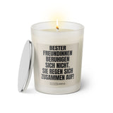 Duftkerze mit witzigen Spruch: Beste Freundinnen beruhigen sich nicht. Sie regen sich zusammen auf! Farbe beige und schwarz von Sassy Candle.