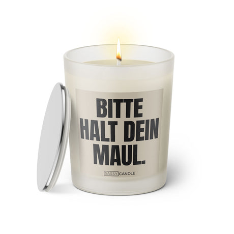 Duftkerze mit witzigen Spruch: Bitte halt dein Maul. Farbe beige und schwarz von Sassy Candle.