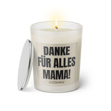 Duftkerze mit witzigem Spruch: Danke für alles Mama! Farbe beige und schwarz mit silbernem Deckel von Sassy Candle.