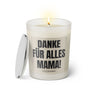 Duftkerze mit witzigem Spruch: Danke für alles Mama! Farbe beige und schwarz mit silbernem Deckel von Sassy Candle.