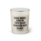 Duftkerze mit witzigem Spruch: Danke Mama, dass du trotz allem immer für mich da bist! Farbe schwarz und beige mit silbernem Deckel von Sassy Candle.