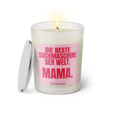 Duftkerze mit witzigem Spruch: Die beste Suchmaschine der Welt. Mama. Farbe rosa und pinke Schrift. Kerzenglas mit silbernem Deckel von SassyCandle.