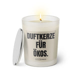 Duftkerze mit Spruch: Duftkerze für Ökos. Farbe beige und schwarz von Sassy Candle.