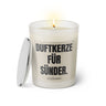 Duftkerze mit Spruch: Duftkerze für Sünder. Farbe beige und schwarz von Sassy Candle.