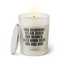 Duftkerze mit witzigem Spruch: Eine Beziehung ist ein geben und nehmen. Also nimm mich und gibs mir. Farbe beige und schwarze Schrift. Kerzenglas mit silbernem Deckel von SassyCandle.