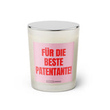 Duftkerze mit witzigem Spruch: Für die beste Patentante. Farbe rosa und pink Schrift. Kerzenglas mit silbernem Deckel von SassyCandle.