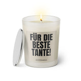 Duftkerze mit witzigem Spruch: Für die beste Tante. Farbe beige und schwarze Schrift. Kerzenglas mit silbernem Deckel von SassyCandle.