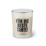 Duftkerze mit witzigem Spruch: Für die beste Tante. Farbe beige und schwarze Schrift. Kerzenglas mit silbernem geschlossenem Deckel von SassyCandle.