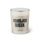 Duftkerze mit Spruch: Handjob Queen. Farbe beige und schwarz von Sassy Candle.