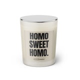 Duftkerze mit witzigen Spruch: Homo Sweet Homo. Farbe beige und schwarz von Sassy Candle.