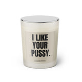 Duftkerze mit Spruch: I like your Pussy. Farbe beige und schwarz von Sassy Candle.