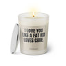 Duftkerze mit witzigem Spruch: I love you like a fat kid loves cake. Farbe beige und schwarze Schrift. Kerzenglas mit silbernem Deckel von SassyCandle.
