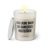 Duftkerze mit Spruch: Ich liebe dich! Du garstiges Miststück! Farbe beige und schwarz von Sassy Candle.