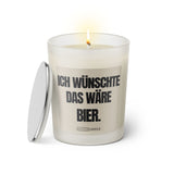 Duftkerze mit witzigem Spruch: Ich wünschte das wäre Bier. Farbe beige und schwarze Schrift. Kerzenglas mit silbernem Deckel von SassyCandle.