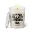 Duftkerze mit witzigen Spruch: Keep your heels, head & standards high. Farbe beige und schwarz von Sassy Candle.