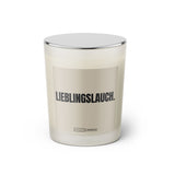 Duftkerze mit witzigen Spruch: Lieblingslauch. Kerzenglas mit silbernen Deckel. Farbe beige und schwarz von Sassy Candle.
