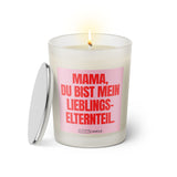 Duftkerze mit witzigem Spruch: Mama, du bist mein Lieblingselternteil! Farbe rosa und pinke Schrift. Kerzenglas mit silbernem Deckel von SassyCandle.