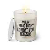 Duftkerze mit witzigem Spruch: Mein "fick dich" kommt von Herzen! Farbe beige und schwarz mit silbernem Deckel von Sassy Candle.