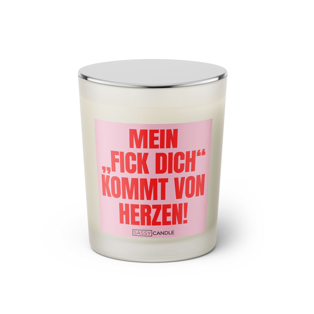 Duftkerze mit witzigem Spruch: Mein "fick dich" kommt von Herzen! Farbe rosa und pink mit silbernem Deckel von Sassy Candle.