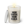 Duftkerze mit witzigen Spruch: Mein Garten, meine Regeln. Farbe beige und schwarz von Sassy Candle.
