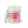 Duftkerze mit witzigem Spruch: My prettiest child gave me this candle. Farbe rosa und pink mit silbernem Deckel von Sassy Candle.