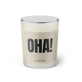 Duftkerze mit Spruch: OHA! Farbe beige und schwarz von Sassy Candle.