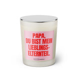 Duftkerze mit witzigem Spruch: Papa, du bist mein Lieblingselternteil! Farbe rosa und pinke Schrift. Kerzenglas mit silbernem geschlossenem Deckel von SassyCandle.