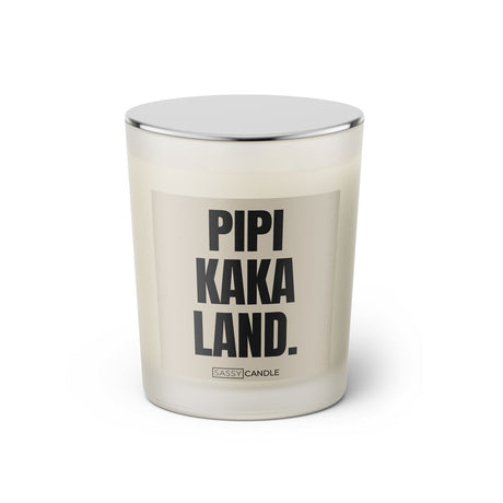 Duftkerze mit Spruch: Pipi Kaka Land. Farbe beige und schwarz von Sassy Candle.