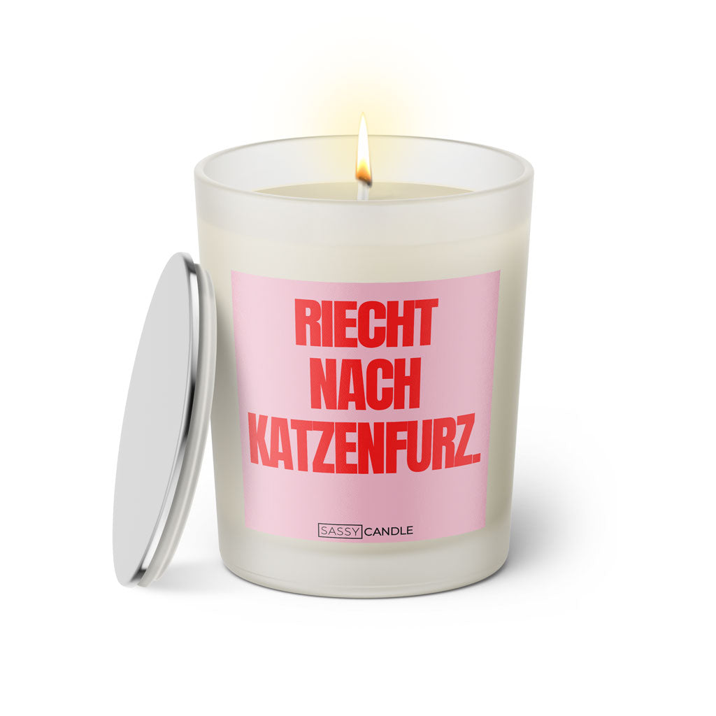 Duftkerze mit witzigen Spruch: Riecht nach Katzenfurz. Farbe rosa und pink von Sassy Candle.