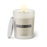 Duftkerze mit Spruch: Scheiss' teure Kerze. Schliebdisch. Farbe beige und schwarz von Sassy Candle.