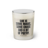 Duftkerze mit witzigen Spruch: She is some magic, some chaos and a bit of poetry. Farbe nude und schwarz von Sassy Candle.