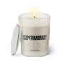 Duftkerze mit Spruch: Supermama! Farbe beige und schwarz von Sassy Candle.