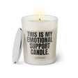 Duftkerze mit witzigem Spruch: This is my emotional support candle. Farbe beige und schwarze Schrift. Kerzenglas mit silbernem Deckel von SassyCandle.
