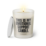 Duftkerze mit witzigem Spruch: This is my emotional support candle. Farbe beige und schwarze Schrift. Kerzenglas mit silbernem Deckel von SassyCandle.