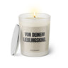 Duftkerze mit witzigem Spruch: Von deinem Lieblingskind! Farbe beige und schwarze Schrift. Kerzenglas mit silbernem Deckel von SassyCandle.