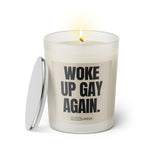 Duftkerze mit Spruch: Woke up gay again. Farbe beige und schwarz von Sassy Candle.