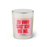 Duftkerze mit witzigem Spruch: Zu Vino sag ich nie No. Farbe rosa und pinke Schrift. Kerzenglas mit silbernem geschlossenem Deckel von SassyCandle.